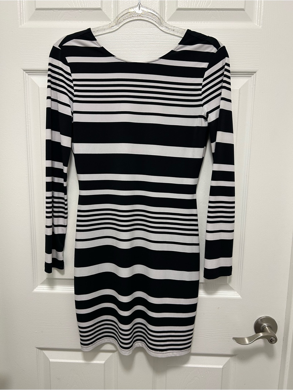 Jennifer Lopez Black and White Striped Long Sleeve Bodycon Dress